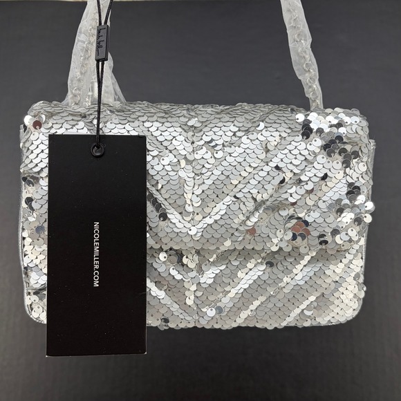 Nicole Miller Handbags - Nicole Miller Sequin Crossbody Clutch Evening Bag Silver Chevron Metallic‎ Small